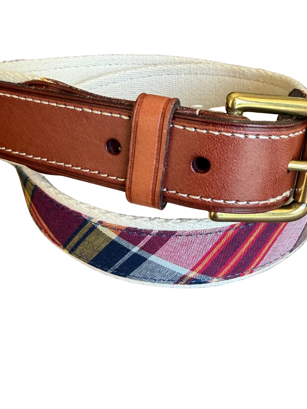 Polo Ralph Lauren Leather and Plaid Canvas kids Belt - Brown and Multicolor